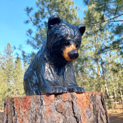 Wood Carved Bear on All Fours Looking Down 12"- Perfect for Elevated Display - Black