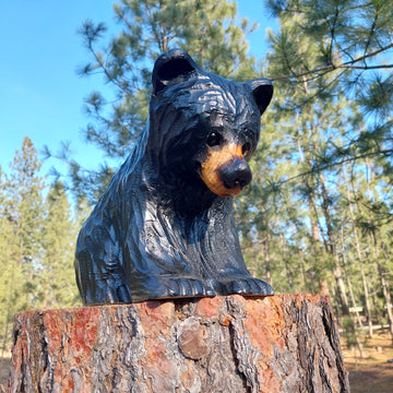 Wood Carved Bear on All Fours Looking Down 12"- Perfect for Elevated Display - Black