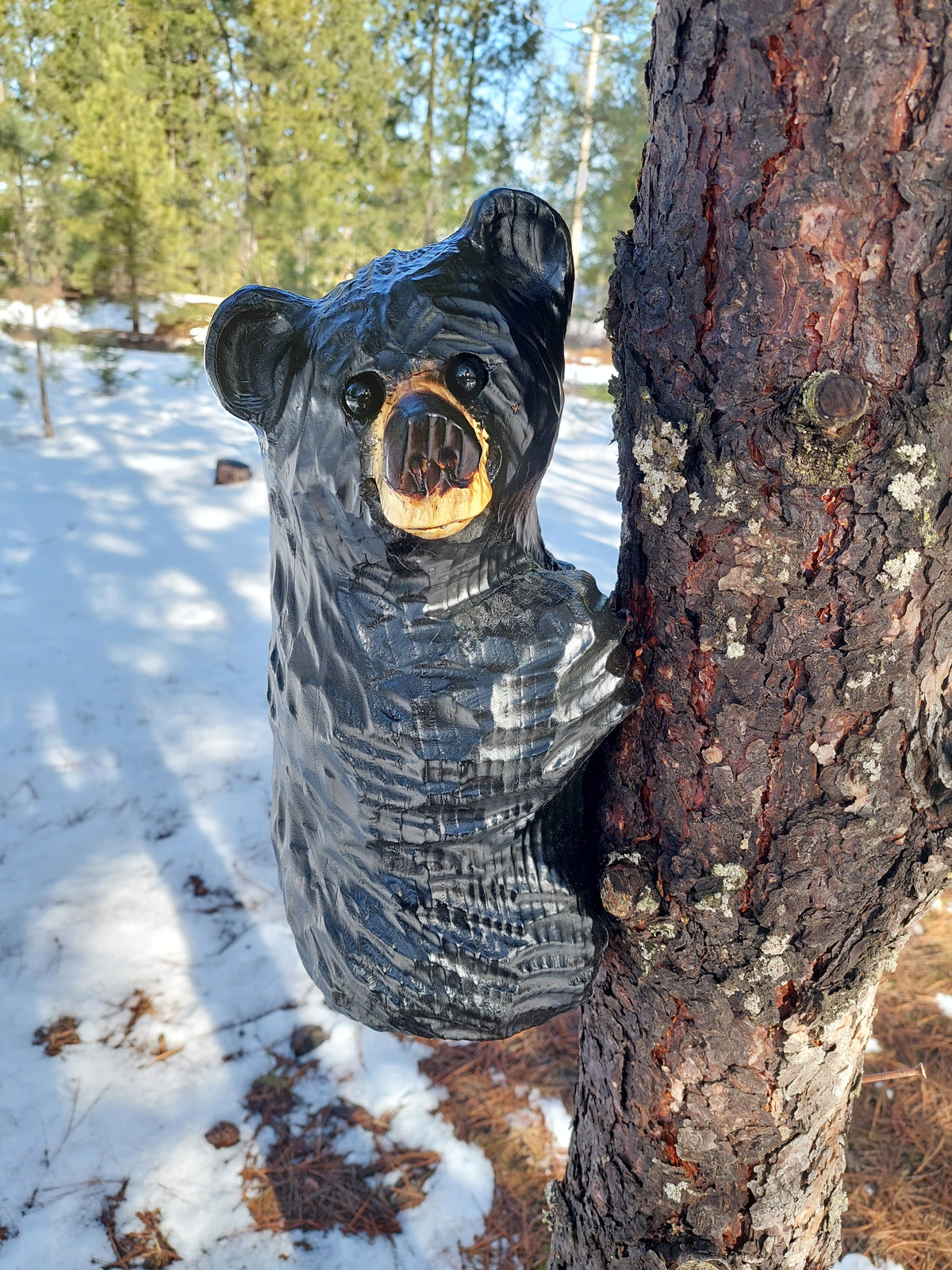 Wood Carved Climbing Bear for Posts, Poles, Trees, and More - 15 Inches, Easy to Mount and Display - Black