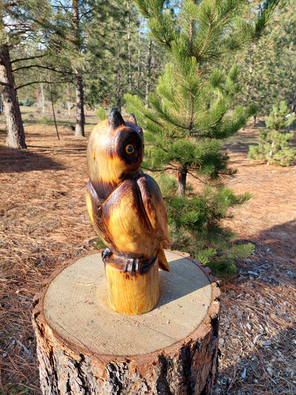 Handcrafted Wood Carving of Owl Perched on Stump - 15 Inches, with Piercing Eyes