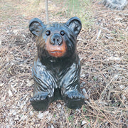 Hand-Carved Wood Bear Sitting and Looking Up - Unique Rustic Decor, 15 inches Tall - Black