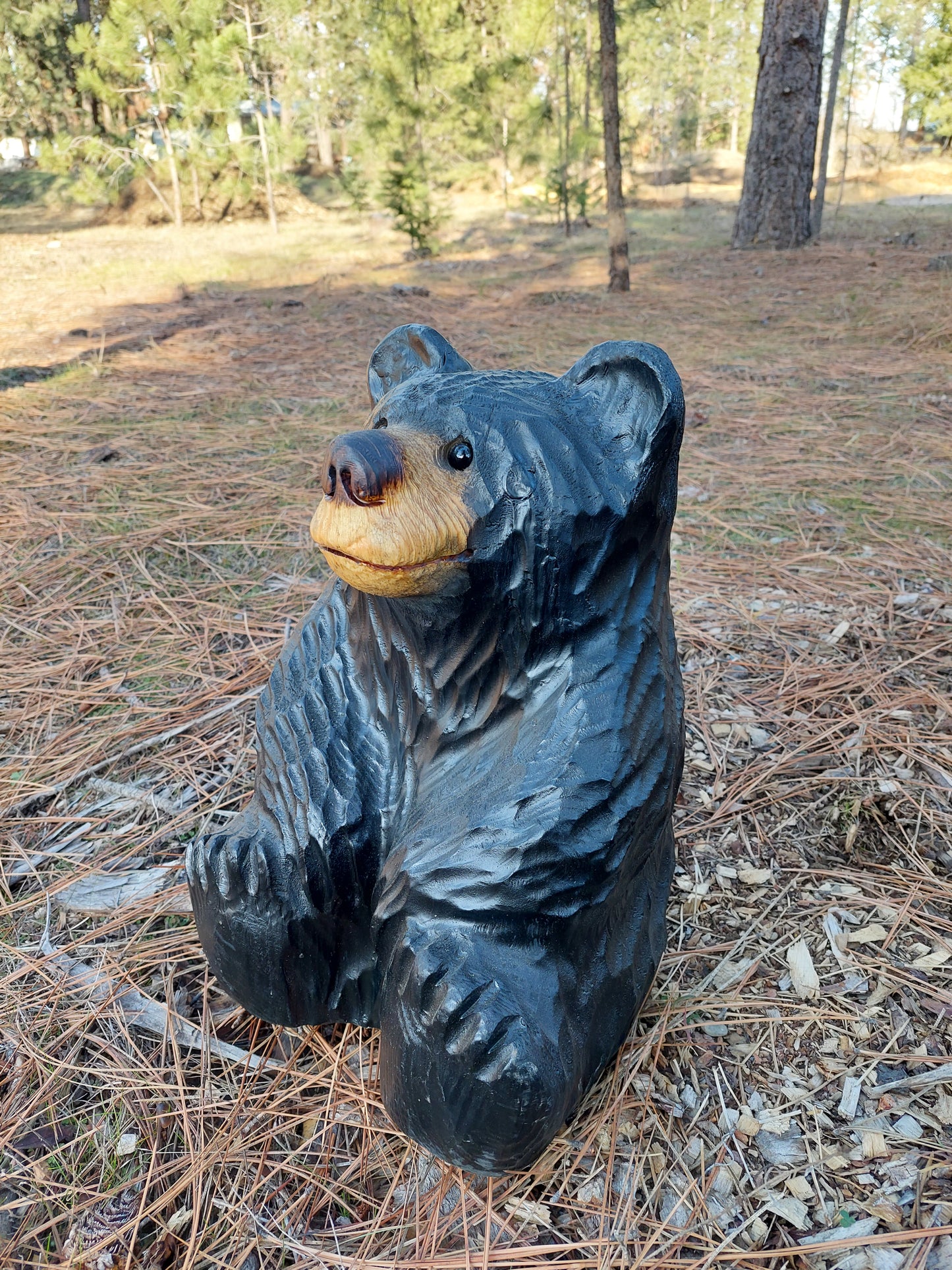 Handcrafted Wood Carved Sitting Bear - 15 Inches Tall, Looking Straight Ahead