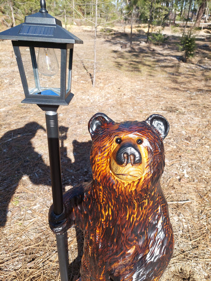 36" Wood Carved Bear with Lantern, Flag, Fishing Pole