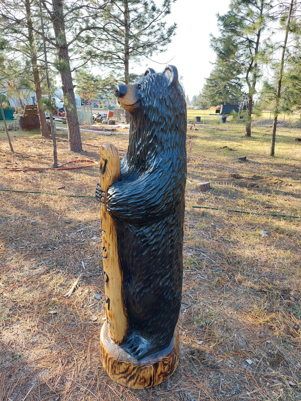 Large Hand-Carved Welcome Bear 5'6" - Perfect for Entryways - Black