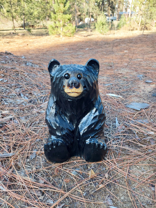 Chainsaw Carved Wooden Sitting Bear 12"- Indoors or Outdoors - Black