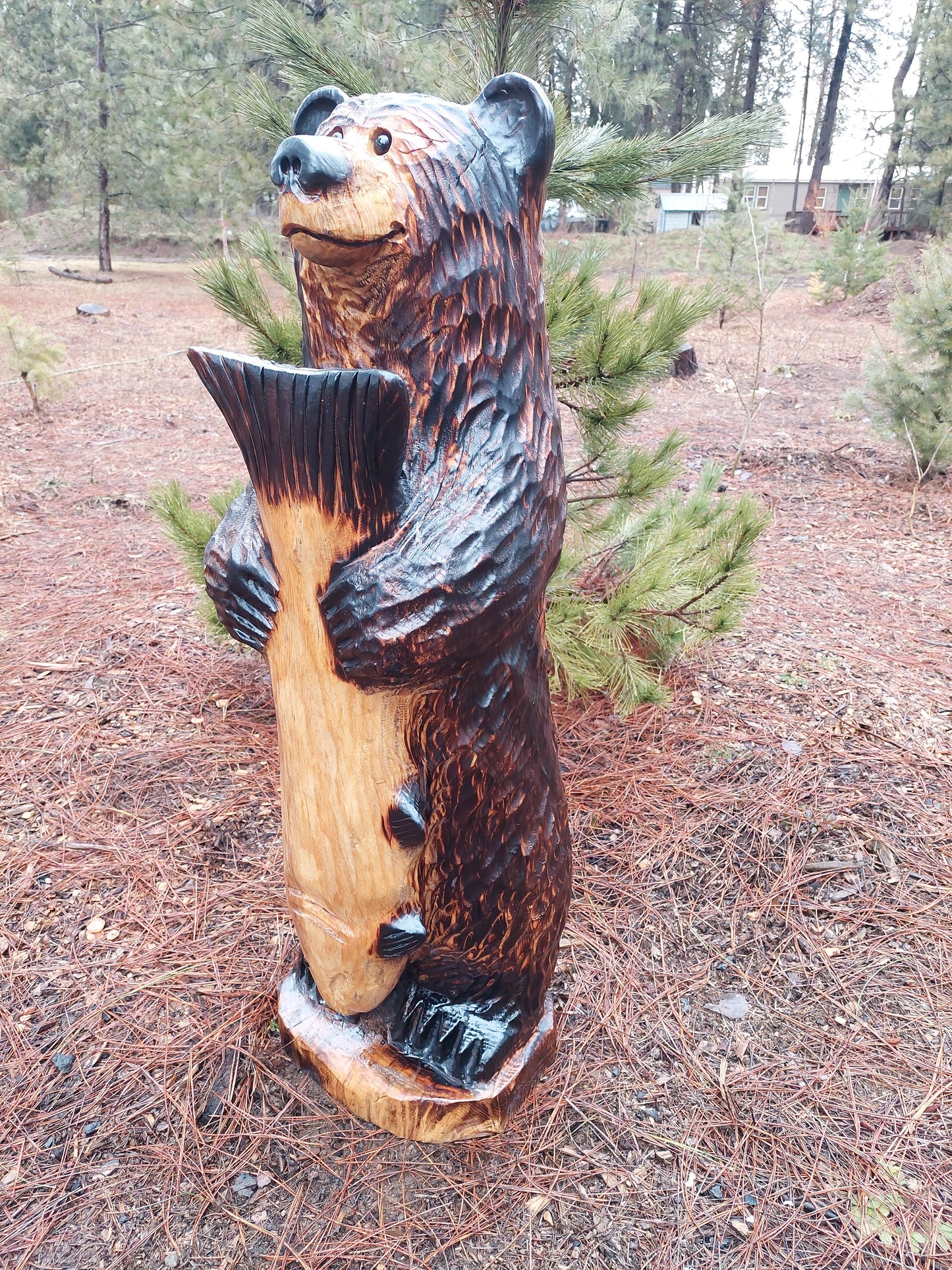 Wood Carved 48" Bear with Fish