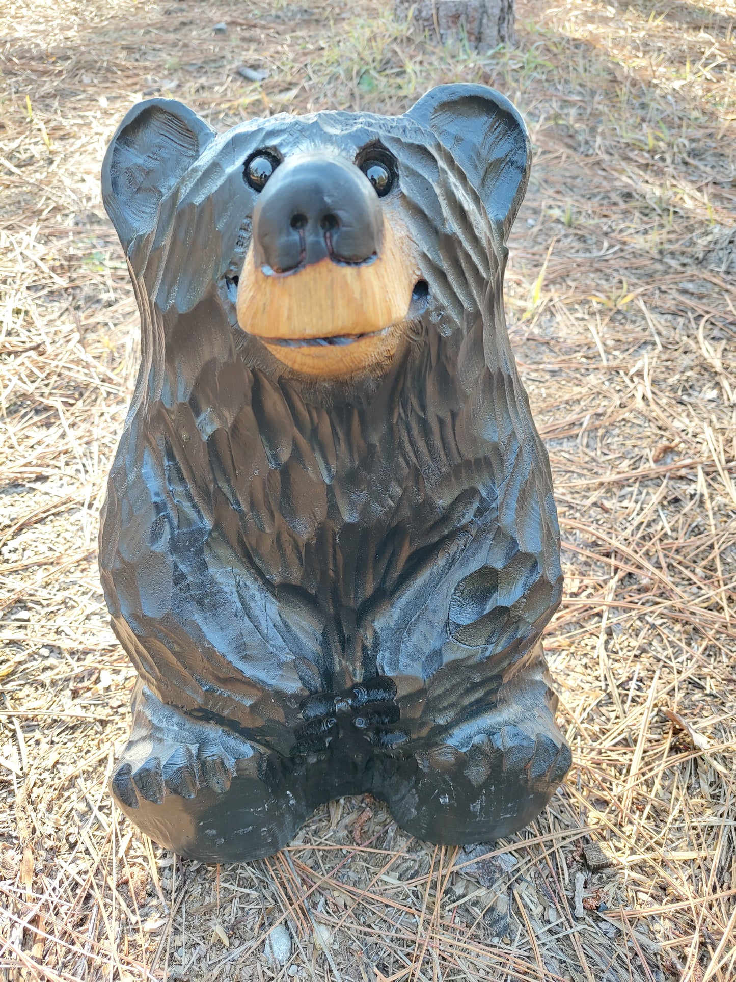 Handcrafted Wood Carved Sitting Bear - 15 Inches Tall, Looking Up