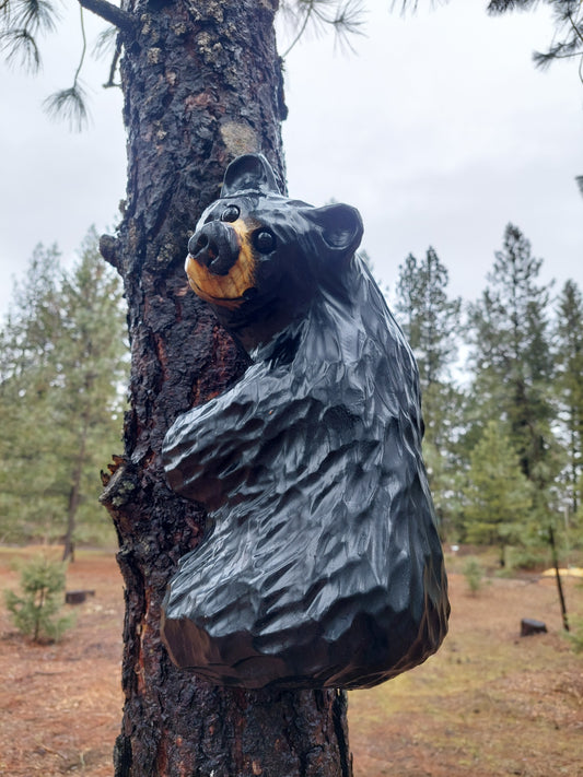 Wood Carved Climbing Bear for Posts, Poles, Trees, and More - 15 Inches, Easy to Mount and Display - Black