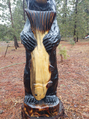 Wood Carved Bear with Fish 30" - Black