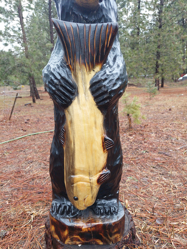 Wood Carved Bear with Fish 30" - Black