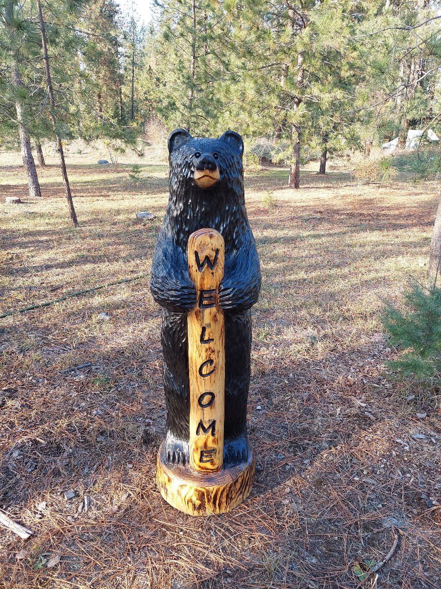 Large Hand-Carved Welcome Bear 5'6" - Perfect for Entryways - Black