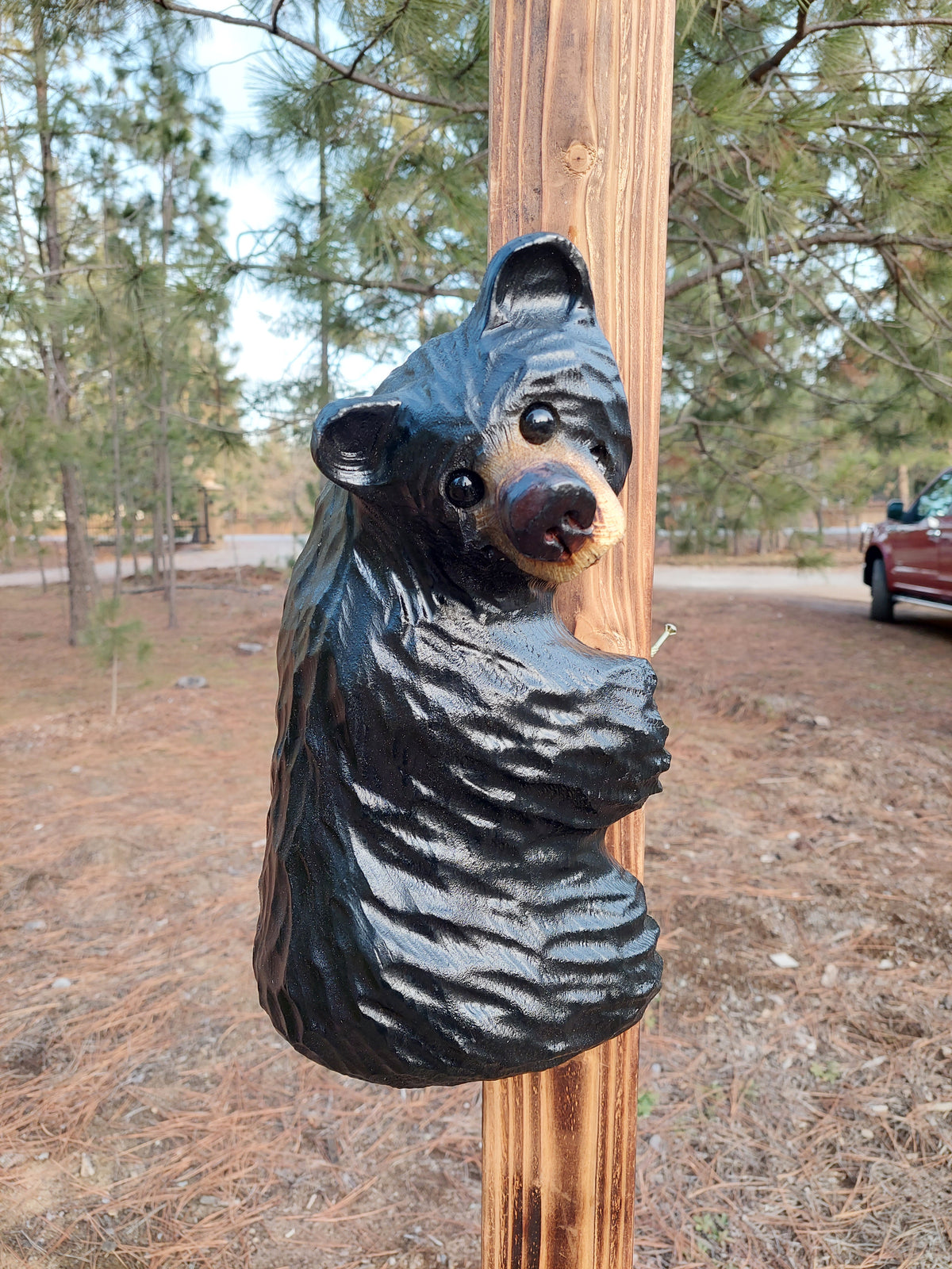 Wood Carved Climbing Bear for Posts, Poles, Trees, and More - 15 Inches, Easy to Mount and Display - Black