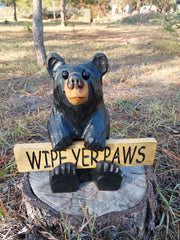 Wood Carved Bear Holding Welcome, Reversible Sign 11''- Customizable