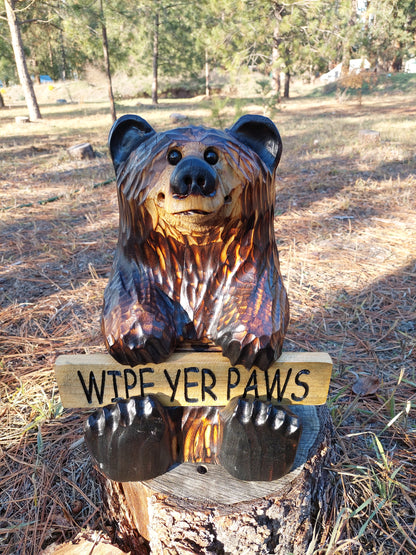 Wood Carved Bear Holding Reversible Welcome Sign - Customizable, 15 Inches Tall