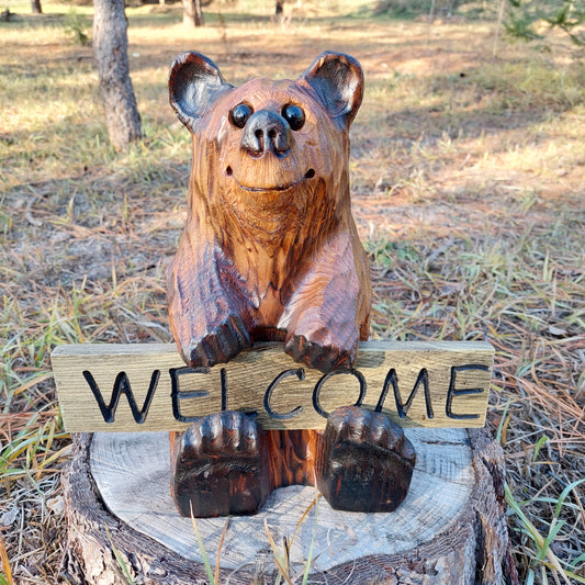 Wood Carved Bear Holding Welcome, Reversible Sign 11''- Customizable