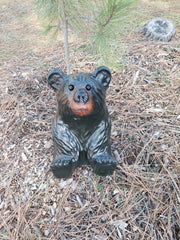 Hand-Carved Wood Bear Sitting and Looking Up - Unique Rustic Decor, 15 inches Tall - Black