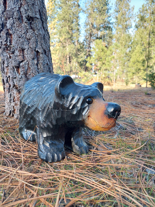 Chainsaw Carved Bear on All Fours- 12'' - Black