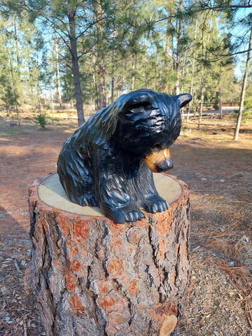 Wood Carved Bear on All Fours Looking Down 12"- Perfect for Elevated Display - Black