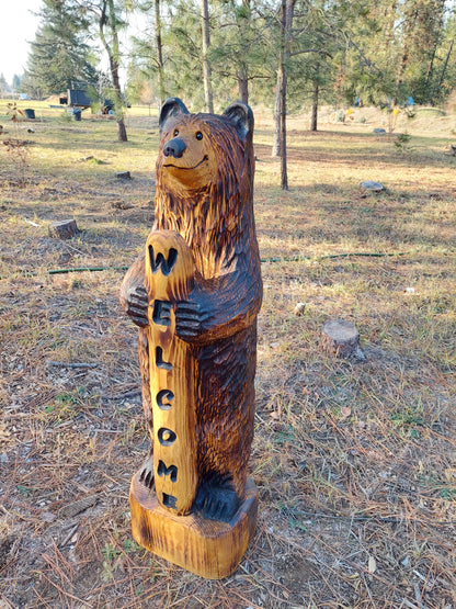 Hand-Carved Wood Bear with Welcome Sign - 48 Inches, Perfect for Entryways