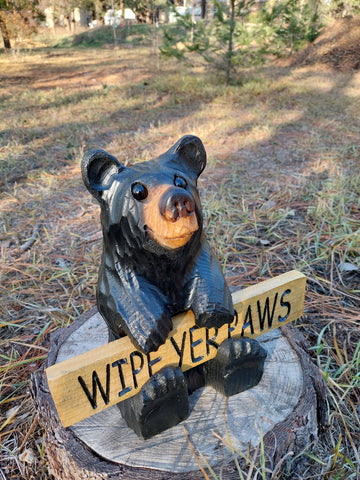 Wood Carved Bear Holding Welcome, Reversible Sign 11''- Customizable