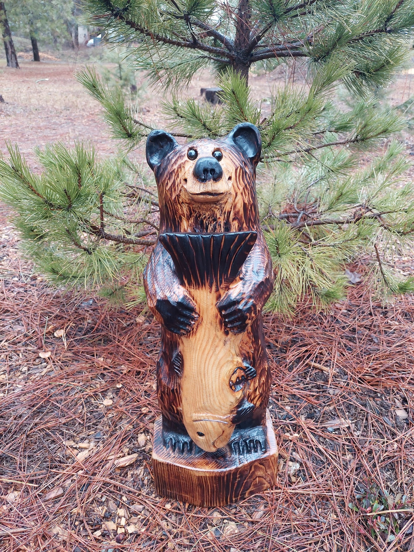 Handcrafted Wooden Bear with Fish 24"