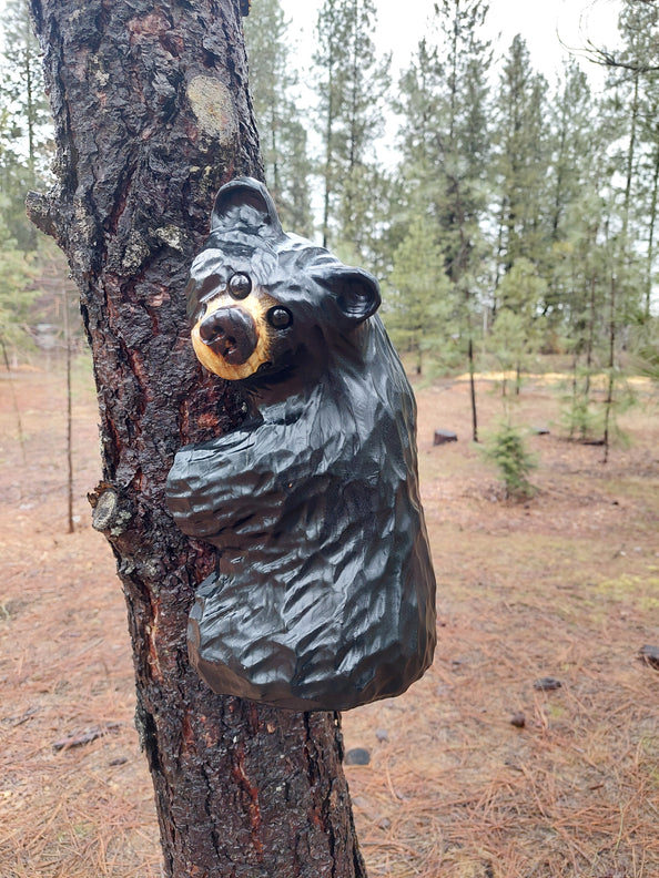 Wood Carved Climbing Bear for Posts, Poles, Trees, and More - 15 Inches, Easy to Mount and Display - Black