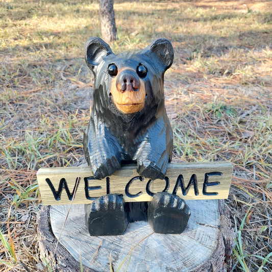 Wood Carved Bear Holding Welcome, Reversible Sign 11''- Customizable